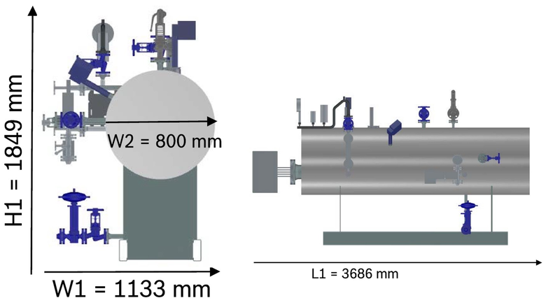 Obr. 2: Rozměry elektrického parního kotle UNIVERSAL ELSB Bosch, výkonová varianta 350 kg/h