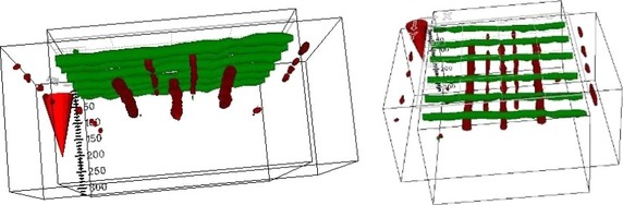Obrázek 4b,c.: Plošný radarový sken formátu 600 × 600 mm provedený v totožném místě, ve 3D v různém naklopení. Veškerá výztuž je jasně patrná.