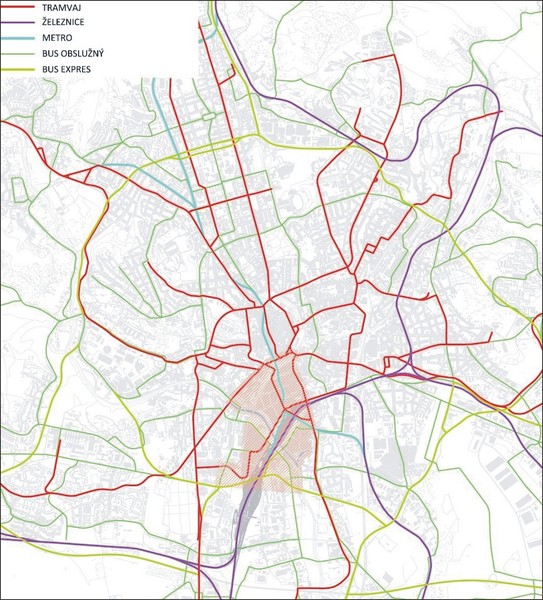 Schéma hromadné dopravy a zapojení nové čtvrti Trnitá (Podklady KAM BRNO)