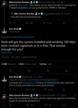 Elon Musk na Twitteru slíbil postavit 100 MW baterii během 100 dní, jinak bude zdarma.