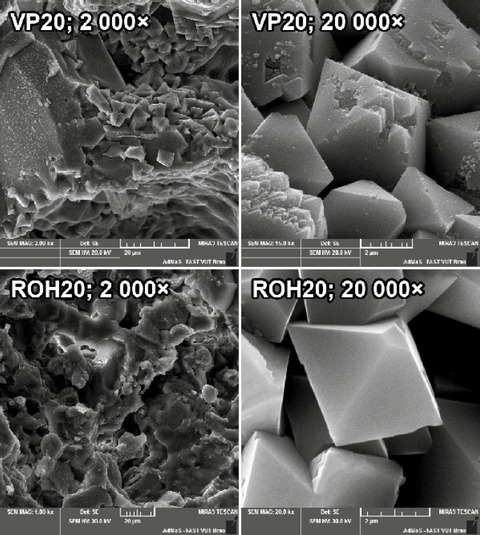 Obr. 2 Mikrofotografie z rastrovacho elektronovho mikroskopu, sms s poplkem VP20 nahoe a sms s reaktivnm oxidem hlinitm ROH20 dole