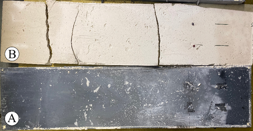 Obr. 2: Zkuebn tleso z textilnho betonu o rozmru 1200 mm  300 mm  30 mm: b) pohled na zkuebn tleso a sdrovou omtku
