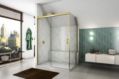 Sprchov kout CADURA GOLD LINE – jednodln posuvn dvee s pevnou stnou v rovin, bon stna s vezem a zkosenm, zlat leskl barva, ir sklo. Sprchov vanika ILA.