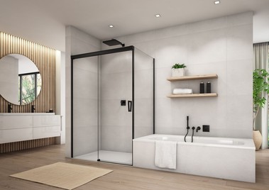 Sprchov kout CADURA BLACK LINE – jednodln posuvn dvee s pevnou stnou v rovin a zkrcenou bon stnou – s napojenm na vanu, ern matn barva, ir sklo. Sprchov vanika LIVADA.