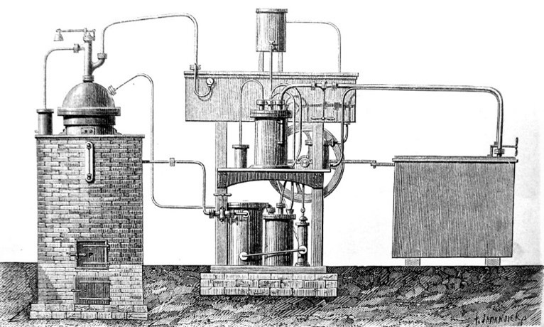 Obr. Vrobnk ledu, kter navrhl Ferdinand Carr. Jako absorbentu vyuv vodu a jako chladivo amoniak. Zdrojem tepeln energie je spalovn paliva. (Zdroj: Wikipedie)