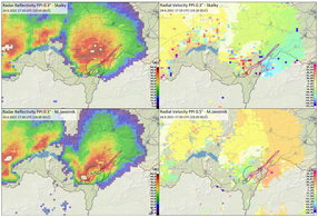 Snímek radarové odrazivosti (vlevo) a radiální rychlosti (vpravo) na jihu Moravy 19:20 SELČ (17:20 UTC) 24. 6. 2021 (Zdroj: Souhrnná zpráva ČHMÚ)