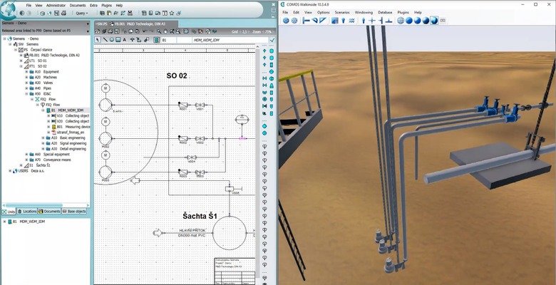 Obr. 3 Ukzka procesnho schmatu v objektov architektue (vlevo) a 3D vizualizace WALKINSIDE (vpravo) ve spolenm zobrazen software COMOS
