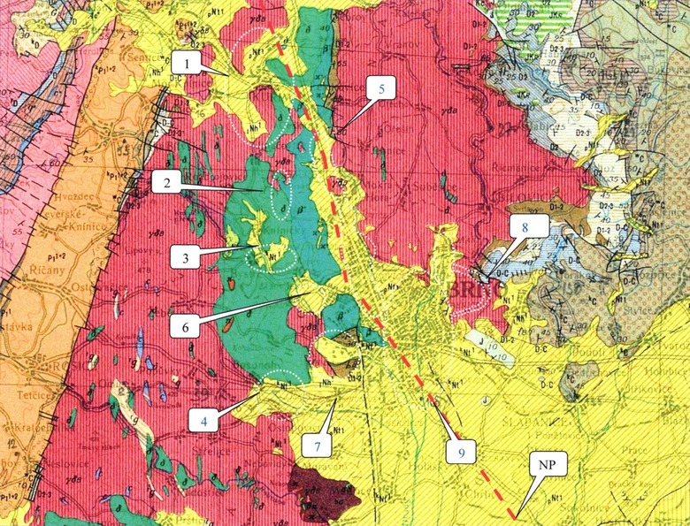 Obr. 2 Geologická situace zájmového území (upraveno dle Čáslavský a Vodičková, 2016). Fig. 2 Geological situation of the area