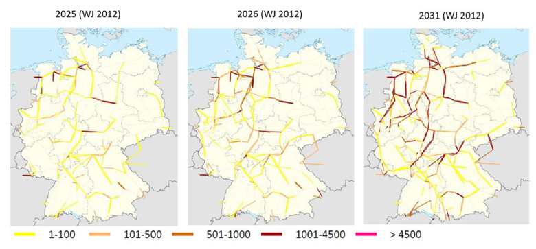 Graf: Četnost výskytu úzkých míst v německé přenosové síti v průběhu roku ve scénářích pro roky 2025, 2026 a 2031