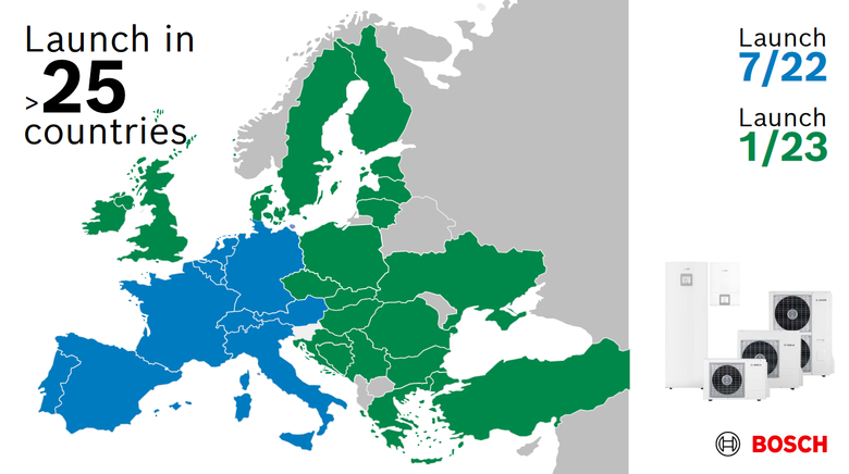 Obr. Některé typy nových tepelných čerpadel byly uvedeny v polovině roku 2022 nejprve na trh v západní a jižní Evropě (vyznačeno modře). Rozšíření na další státy včetně České republiky následovalo počátkem roku 2023 (vyznačeno zeleně).