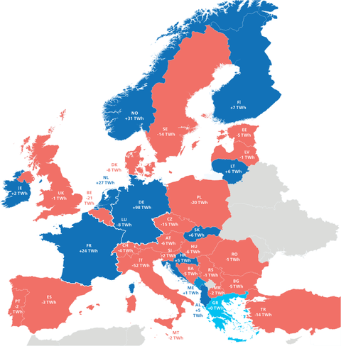 Obr. 5: Saldo evropských zemí v roce 2030 (Progresivní scénář)
