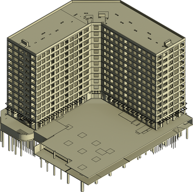Obrázok 8 Objekt bytového domu: a) fyzikálny model s časťou priľahlého podzemného podlažia