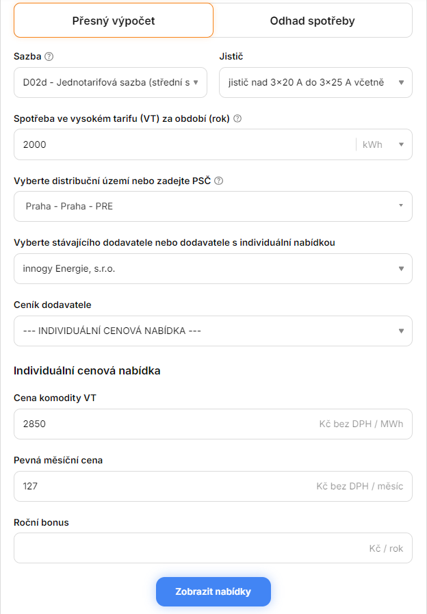 Obr. 1: Zadn cen do funkce Individuln cenov nabdka