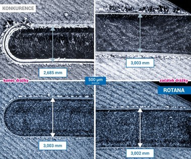 Detail drky v obrobku po frzovn standardnm nstrojem (po prvn drce) a prototypem Rotana (po tvrt drce)