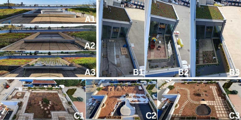 Obr. 2 Fotografie z vstavby mokraovch prvkov. A – experimentlna mokraov strecha, B – mokra na zpadnej terase, C – mokra na severnej terase; 1 – pvodn stav, 2 – osadenie „tela“ mokrade, 3 – po zrealizovan