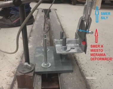 Obr. 6 Oznaenie miesta merania deformcie – erven a psobenia zaaovacej sily – modr