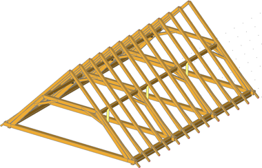 Obr. 13 – Statick model (axonometria) kontrukcie krovu – Rankov sporn krov variant A