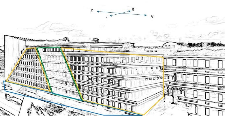 Obr. 1 Legenda: Parter + Lobby – modr, Fasda – lut, Diagonal Bay – zelen