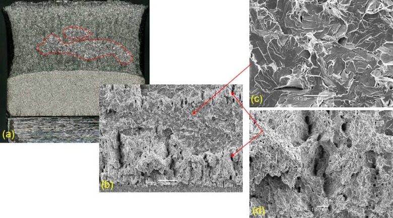 Obr. 4 Vzorek X-52-13: (a) celkový pohled na lomovou plochu s vizuálně odlišnými oblastmi, (b) kombinace lomových mechanismů, (c) transkrystalický štěpný lom, detail, (d) transkrystalický tvárný lom + dutiny, detail