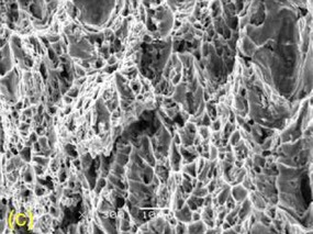 Obr. 6 Vzorek 50A-11 po expozici 30 MPa, 1000 h: (c) detaily transkrystalického tvárného mechanismu porušení