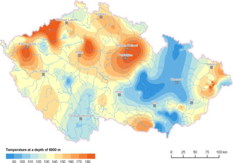 Obr. 1 Mapa teplot v hloubce 5 km [1]