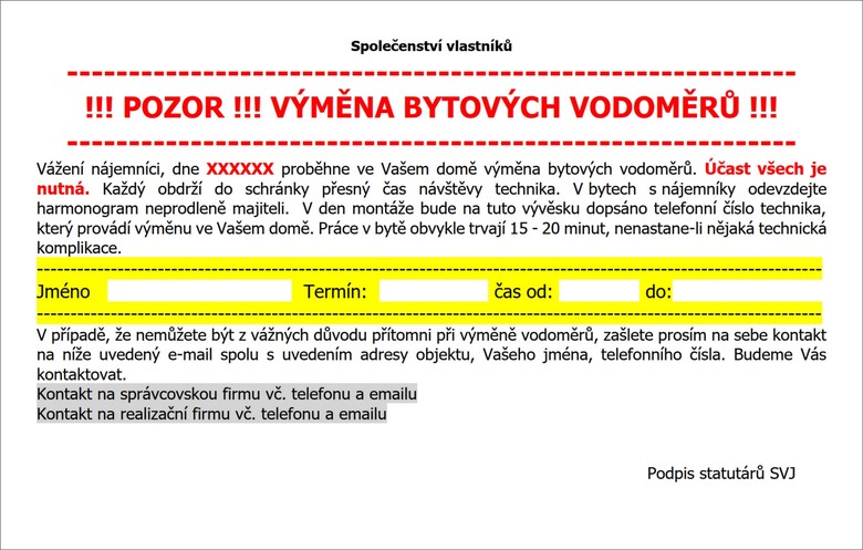 Vzor monho oznmen lenm SVJ. Zdroj: Petr Brandejsk