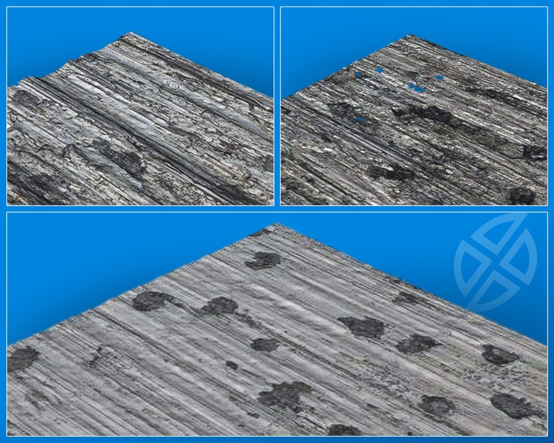 Topografie povrchu materi�lu obr�b�n�ho v PBS Turbo. Sn�mky ukazuj� postupn� v�voj v kvalit� povrchu b�hem procesu optimalizace geometrie n�stroje od Rotany.