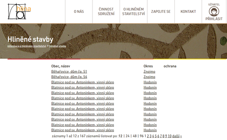 Obr. 5 Ukázka zobrazení seznamu hliněných staveb