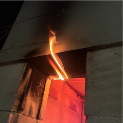 Obr.&nbsp;9: Vzorek&nbsp;2 (DP2); d)&nbsp;vzorek po zkou�ce, trval� plamenn� ho�en� vych�ze�c� z&nbsp;dutiny