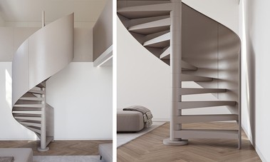 Schodi�t� CIRCLE, celokovov� proveden� s pln�m kovov�m z�bradl�m, precizn� sva�ovan� konstrukce bez viditeln�ch spoj�. Foto: JAP FUTURE