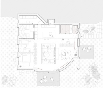 Obr�zek&nbsp;2b: Rozd�len� domu kombinovan� s&nbsp;konverz� baz�nov� haly vzniklo, proto�e dosp�l� d�ti majitel� nemohly sehnat v&nbsp;Bratislav� bydlen�. Bytov� jednotka je zcela sob�sta�n� a m� vlastn� vstup i&nbsp;plochu zahrady. Realizace Grau architects. Zdroj: https://grau.sk/project/pool-apartment-2