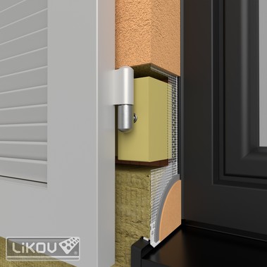 Příklad montáže závěsu pro okenice do prvku LIFIX L z čelní strany (při použití závrtné matice je spoj rozebíratelný)