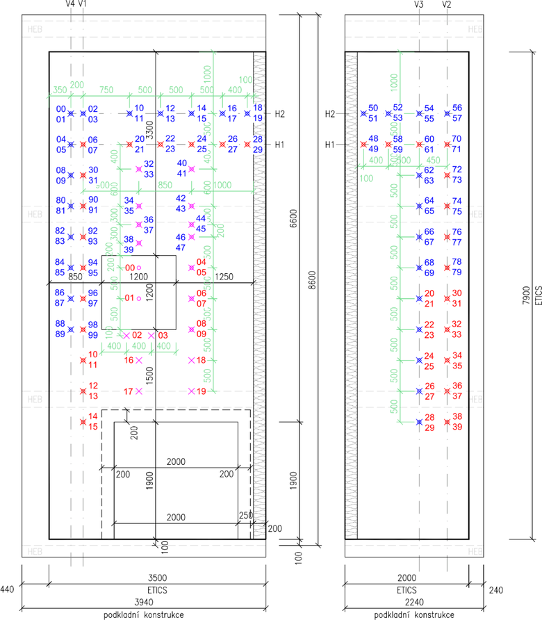 Obr.&nbsp;1 Rozmístění termočlánků pro velkorozměrovou zkoušku (křížek – termočlánky uprostřed tloušťky izolantu, kolečko – povrchové termočlánky)