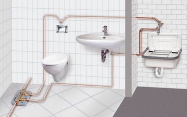 Obr.&nbsp;5 Spôsoby inštalácie Venturiho rozdeľovača prietoku KHS [f.&nbsp;Kemper]. a&nbsp;–&nbsp;v&nbsp;podlahe