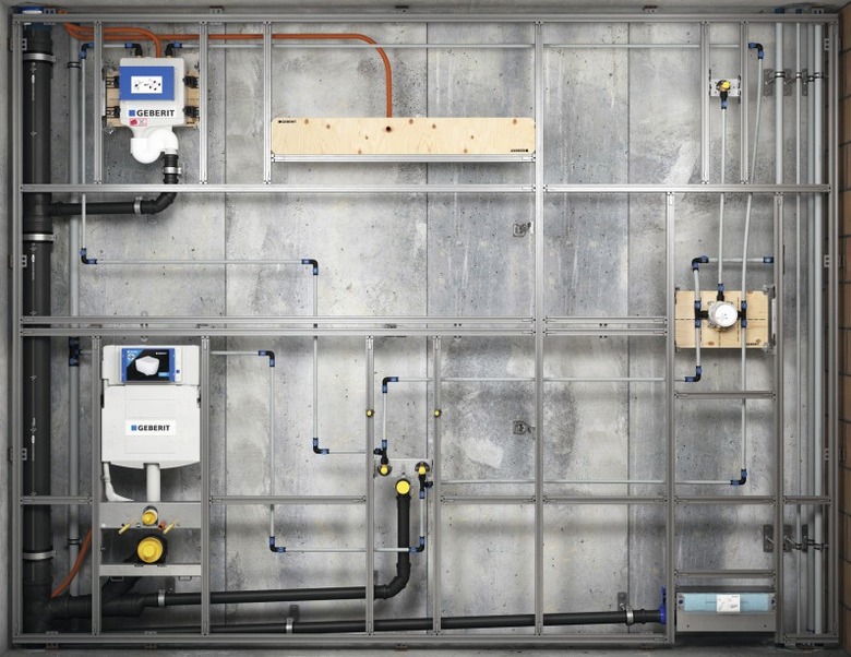 Obr.&nbsp;6 Príklady inštalácie hygienických preplachovacích jednotiek [f.&nbsp;Geberit]. e&nbsp;–&nbsp;samostatná hygienická jednotka s&nbsp;1 alebo 2&nbsp;prívodmi vody s&nbsp;väčšími prietokmi – 2&nbsp;&times;&nbsp;10&nbsp;l/min umiestnená v&nbsp;inštalačnej predstene pod stropom, (stúpacie potrubie studenej vody je vedené oddelene pri odpadovom potrubí kanalizácie vľavo, stúpacie potrubie teplej vody a cirkulácie samostatne vpravo)
