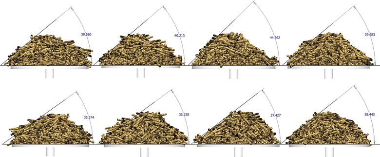 Obr. 8. Vyhodnocení DEM simulace sypného úhlu 4 mm pelet