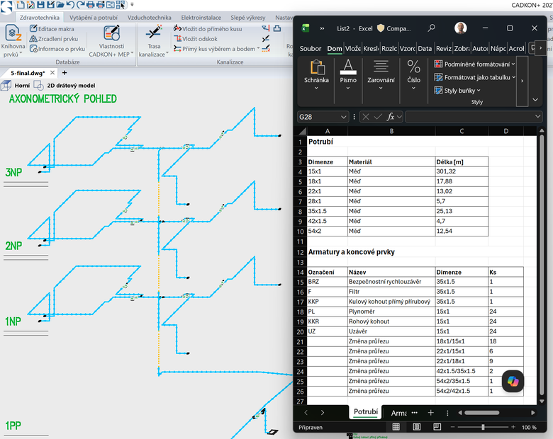 Axonometrické pohledy a&nbsp;výkaz použitého materiálu do MS Excel