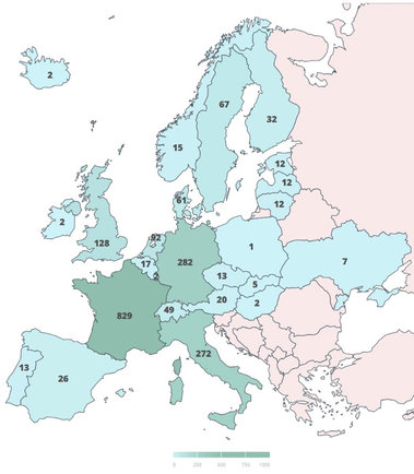 Obrázek: Počty biometanových stanic v jednotlivých zemích. (červenec 2026, Zdroj: EBA)