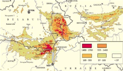 Obr.&nbsp;1 Depozice Cs-137 uvolněného z&nbsp;Černobylu (na základě&nbsp;[6])