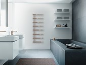 Model Zehnder Alban zaujme čistými geometrickými liniemi a minimalistickým vzhledem. Povrch v provedení kartáčovaný černý chrom dobře doplňuje moderní koupelny založené na jednoduchých tvarech a kontrastních prvcích.