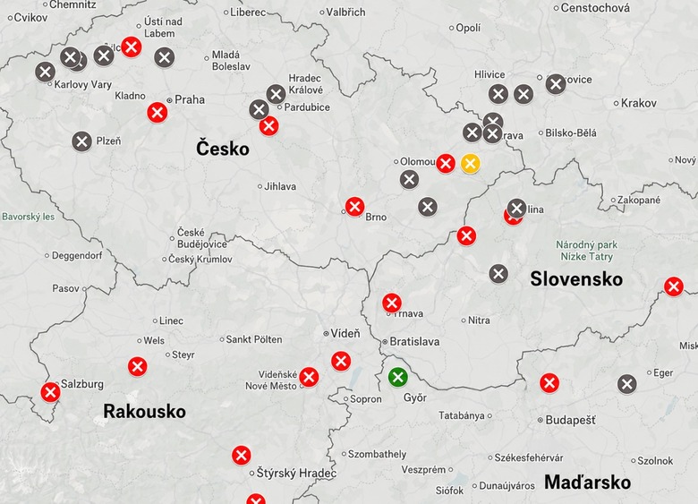 Obrázek 2 Rozmístění hlavních zdrojů vybraných materiálů používaných při výrobě betonových směsí ve střední Evropě. Červenou jsou vyznačeny cementárny, šedou uhelné elektrárny představující zdroj popílku, žlutá je pro zdroj vysokopecní strusky a zelená pro výrobní závod Cyment.