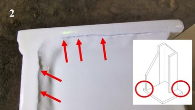 Obrázek 3 Vliv ostré hrany ocelové konstrukce na vlastnosti nátěru; 2 – přechodová oblast mezi U profilem a čelní deskou přivařenou koutovým svarem