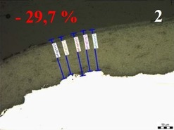 Obrázek 1 Vliv úpravy hrany na vlastnosti nátěru; 2 – zaoblená hrana, nátěr na ocelovém podkladu, úbytek tloušťky 29,7 %