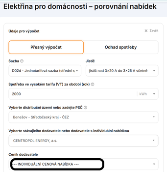 Obr. 1: Kde v Kalkulátoru se zadávají individuální cenové nabídky