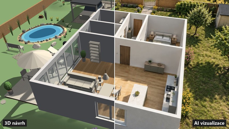 Tentýž návrh dvakrát: vlevo 3D model domu se zahradou z plánovače Homeplot, vpravo realistická vizualizace, kterou z něj vytvořila umělá inteligence. Foto: Jan Fűri, Homeplot