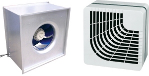 příklad ventilátoru Lindab vlevo velmi výkonný a vysoce účinný ventilátor do čtverhranného vzduchotechnického potrubí, vpravo radiální ventilátor pro odtah vzduchu přímo skrz stěnu nebo přes krátké vzduchotechnické potrubí